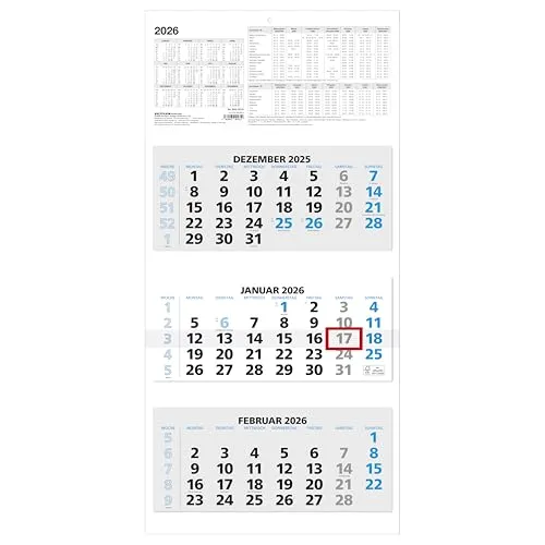 Zettler 3-Monatskalender blau 2026 – Wandkalender 32 × 70 cm, 3 Blöcke à 12 Blatt, 1 Monat pro Blatt, mit Datumschieber, Wochenzählung, Jahresübersicht, Kopftafel 16 cm, Fußleiste 3,5 cm, FSC