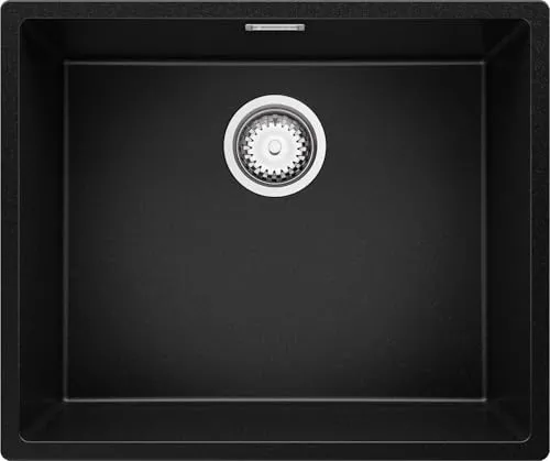 PRIMAGRAN Spülbecken Schwarz 56x47cm, Granitspüle 1 Becken + Ablauf-Set, Küchenspüle ab 60er Unterschrank - London Slim S172