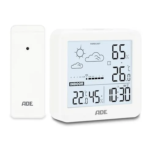 ADE Kleine digitale Wetterstation funk mit Außensensor und Wettervorhersage | Innen- und Außentemperatur | Luftfeuchtigkeit | Funkuhr mit Wecker | inkl. Batterien | weiß