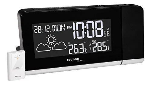 Techno Line WT 539 Funk Wecker digital Schwarz - Moderne Projektionsuhr mit individuell einstellbarem Display, zeigt Uhrzeit, Temperaturen und Wettervorhersage. Ideal für jede Nacht, dank Schlummerfunktion und einstellbarer Projektion.