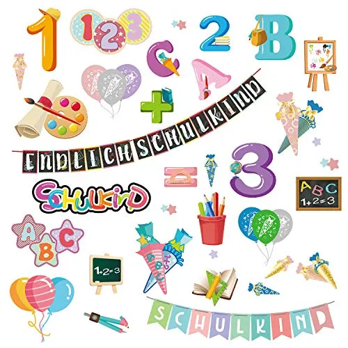 Oblique Unique Einschulung Aufkleber Set – 34 bunte Sticker zum Schulanfang – ABC, Zahlen, Tafel, Ballons, Zuckertüte – Deko für Kinder – Endlich Schulkind