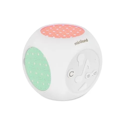 Miniland Dreamcube Magical Nachtlicht - Baby Einschlafhilfe mit 3 Projektionsmustern, zahlreichen Melodien und Geräuschaktivierung für sanfte Nächte. Ideal für entspannte Schlafenszeiten.