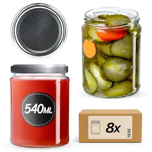 KADAX Konservengläser 540 ml, 8er Set, Rundgläser mit Schraubdeckel Motiv „Silber“ – Einmachgläser zum Einlegen, Einkochen oder Aufbewahren von Marmelade, Obst und Gemüse