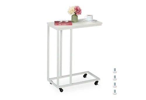 relaxdays C-Form Beistelltisch mit Rollen, Weiß - Moderner Ablagetisch in C-Form, ideal für Getränke und Snacks, bequem unter Sofa oder Bett schiebbar. Mit 360°-Rollen für einfache Mobilität und minimalistischen Look aus Metall und MDF.