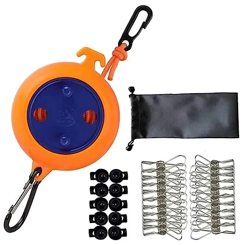 QeeHeng Camping einziehbare Wäscheleine, tragbare Reise-Wäscheleine, verstellbar, 10 m, mit 10 Stoppern, 20 Winddichte Wäscheklammern