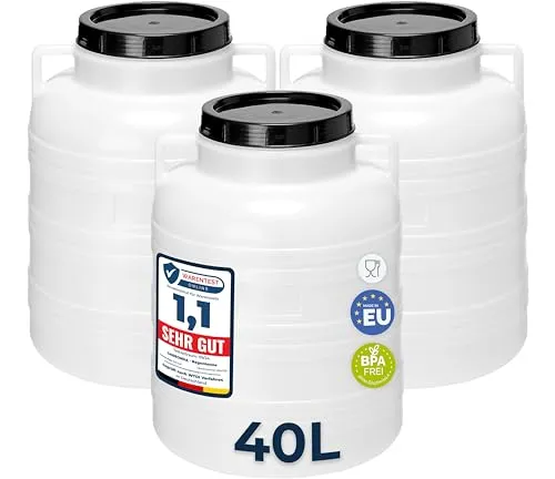 Garronda Set 2x 40L Weithalsfass BPA-frei für Lebensmittel und Regenwasser - Praktisches Set mit 2 Fässern (40L), ideal für die Aufbewahrung von Lebensmitteln und als Regenwasserbehälter. Hergestellt aus leichtem, ungiftigem HDPE, robust und vielseitig einsetzbar, perfekt für Garten und Werkstatt.