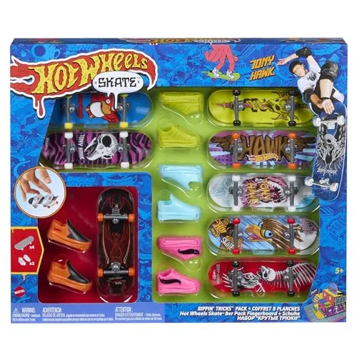 Hot Wheels Skate Rippin' Tricks Pack - 8 Fingerboards & 4 Paar Skateboard-Schuhe - Finger-Skateboards Bundle mit 8 Fingerboards und 4 Paar Tony Hawk inspirierten Schuhen, ideal für Kinder ab 5 Jahren, perfekt zum Erlernen von Tricks und Stunts.