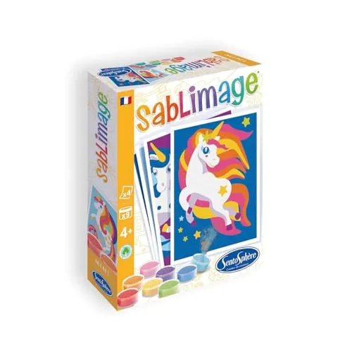 Sentosphère 3908104 Sablimage Mini, Sandbilder-Mal-Set für Kinder, Motiv Einhörner, DIY Bastelset, Kreativset, Sandmalset ab 4 Jahren