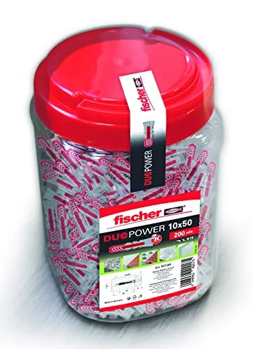 fischer 557385 Wanddübel 10x50 Beton, Dose Eimer mit 10 x 50 Duopower (200 Stück), Grau/Rot, 10x50/200 uds