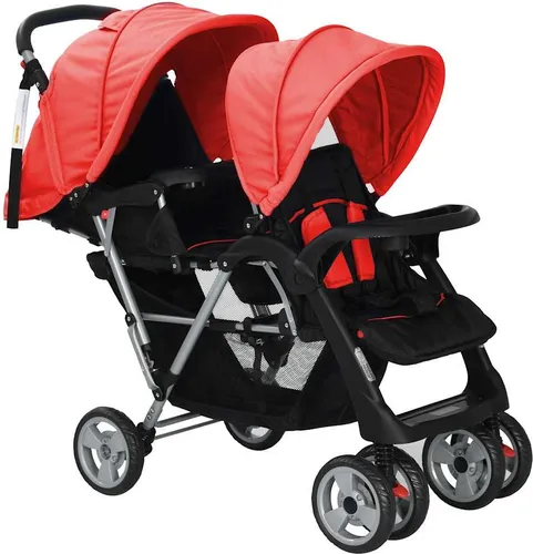 vidaXL Tandem-Kinderwagen Rot und Schwarz - Komfort für Geschwister - Robuster Tandem-Kinderwagen aus Stahl, ideal für 2 Kinder bis 15 kg, mit faltbaren Verdecken und großem Korb für bequemes Reisen und Einkaufen.