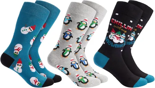 BRUBAKER Socken Weihnachtssocken - Lustige Socken für Damen und Herren (3-Paar, Unisex Baumwollsocken) Pinguine, Schneemänner und Chillin with my Snowmies