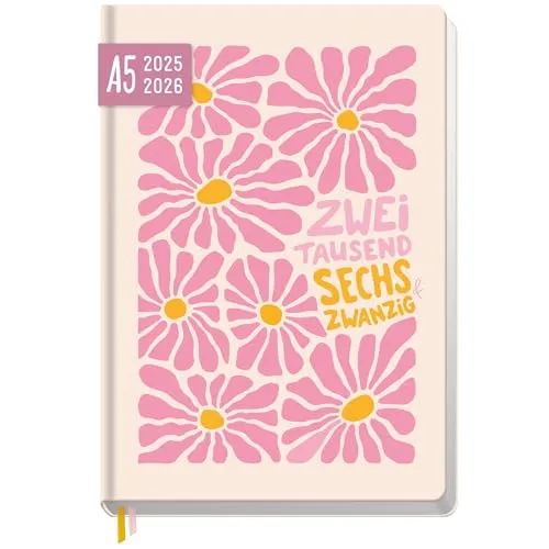 Häfft-Timer 2025/2026 - Jugendkalender A5 mit Pink Flowers - Kalender für 14 Monate im praktischen A5-Format, ideal zur Organisation von Schule und Freizeit, mit ansprechendem Pink Flowers Motiv.