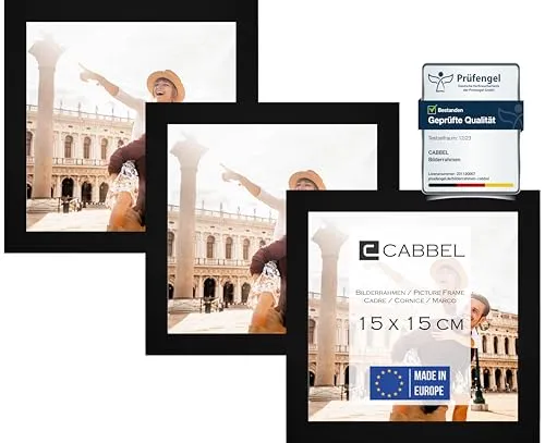 CABBEL Dreierpack (3 Stk.) Bilderrahmen 15x15 cm MDF Holz-Rahmen in Schwarz | mit bruchsicherem Plexi-Glas/Modern