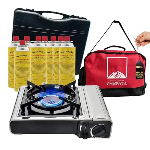Campata Edelstahl tragbarer Gaskocher Campingkocher inkl. 8 Gaskartuschen + Tragekoffer + Multi Camping-Tasche, Pizozündung