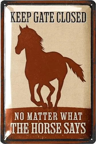 LANOLU Retro Blechschild PFERDE Schild - TOR SCHLIEßEN - Geschenke für Pferdeliebhaber und Reiter, Boxenschilder mit Spruch, Bauernhof Dekoration und Farm Dekor, vintage Metallschild 20x30cm