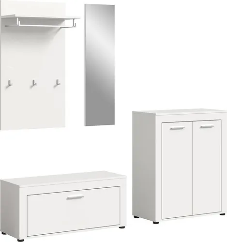 Jam Garderobenmöbel Set 4 Teile weiß - Garderobenset für optimalen Platz im Flur: Stilvolle Kombination aus Sitzbank, Paneel, Spiegel und Schuhschrank, ideal für modernes Wohnen.