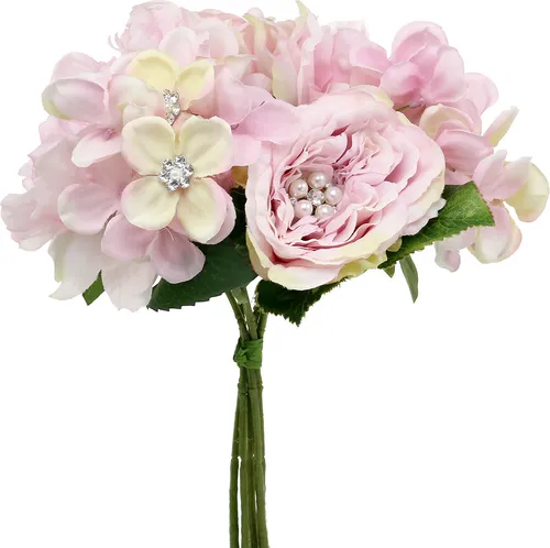 Vintage Deko-Strauß Rosa mit Perlen und Kristallen für Hochzeit - Elegante Tischdeko und Brautstrauß, ca. 29cm groß, veredelt mit Perlen und Kristallen, ideal für unvergessliche Hochzeitsmomente.