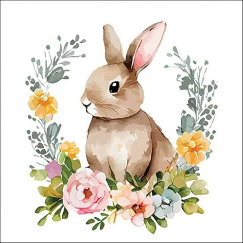 Servietten Ostern Hase hinter Blumenkranz als Tischdeko. Papierservietten mit Motiv. Auch für Decoupage und Serviettentechnik 33x33cm 20