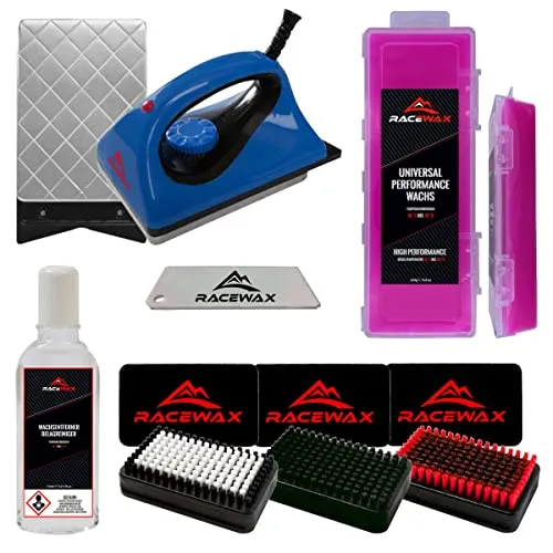 RaceWax Skiwax Set 7-teilig Wachs BaseBrush Nylon Kupfer Rosshaar Wachsentferner