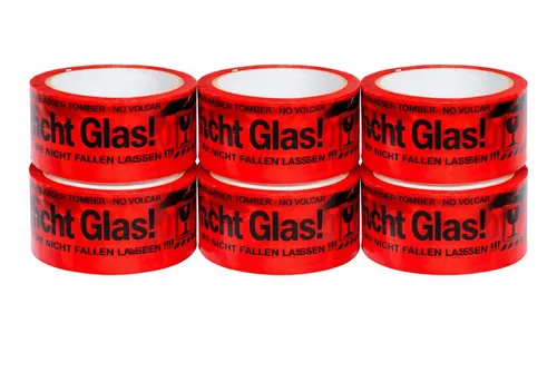 BAYLI Klebeband 6 Rollen PP Klebeband Vorsicht Glas 48mm x 66m - Warnband - starkes