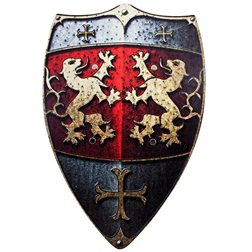 BestSaller 1164 Ritterschild Holz, 49x32 cm, mit Löwen Motiv mit Ledergriff, rot/Gold (1 Stück)