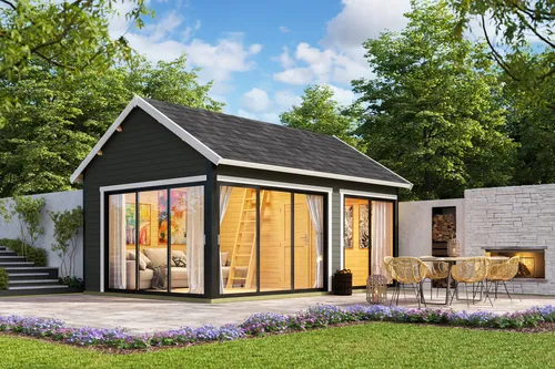 Gartenhaus Blockhaus Murano 3 grau 44 mm - Hochwertiges Gartenhaus mit Satteldach, 21.58 m² Nutzfläche und abschließbaren Türen. Ideal für Gartenliebhaber und als Stauraum für Geräte.