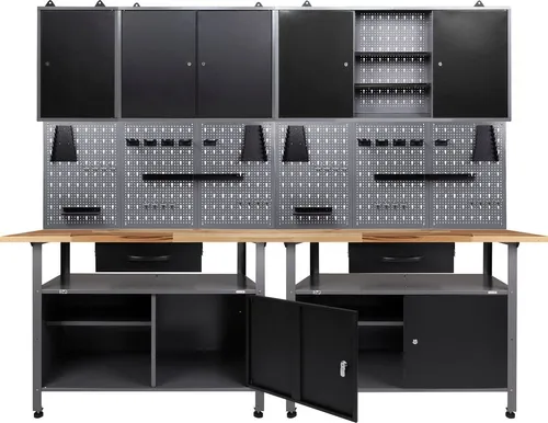 Ondis24 Werkstatt Set 240cm – 2x Werkbank und 3x Werkzeugschrank - Werkbänke und Werkzeugschränke aus robustem Metall, ideal für eine effiziente Werkstattorganisation mit einer Tragkraft von bis zu 760 kg.