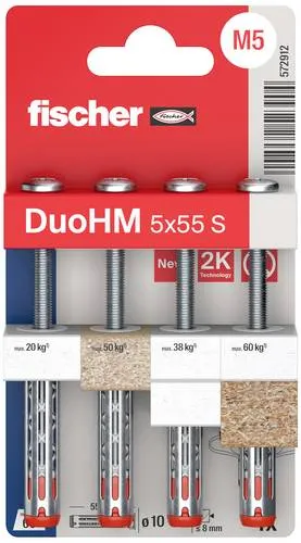 Fischer Dübel 572912 DuoHM 5 x 55 S PZ – Hohlraumdübel 4 Stück - Innovativer Hohlraumdübel aus Nylon und Metall für hohe Lasten. Schnelle Montage mit Akkuschrauber, keine zusätzlichen Werkzeuge nötig. Unsichtbares Design bei engen Anbauten.