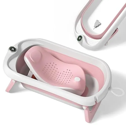 Faltbare Baby Badewanne mit Rutschfestem Badewannensitz - Badewanne für Babys von Geburt bis 3 Jahre, inklusive digitalem Thermometer und rutschfestem Sitz für sicheres Baden.