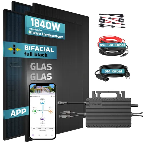 SUNNIVA 1840W Balkonkraftwerk BIFAZIAL FULLBLACK - Vielseitiges Balkonkraftwerk mit 1840 W Gesamtleistung und 800 W Wechselrichter. Bifaziale Solarmodule für maximale Energieausbeute, ideal für Balkon, Terrasse oder Garten. Einfache Plug&Play-Installation.