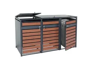 XL 3er/6er Mülltonnenverkleidung MCW-J81 - Robuste Mülltonnenbox aus Metall in anthrazit mit Holzoptik, ideal für bis zu 3 Mülltonnen. Wetterfest, abschließbar und mit hydraulischem Soft-Close-System für einfaches Befüllen.