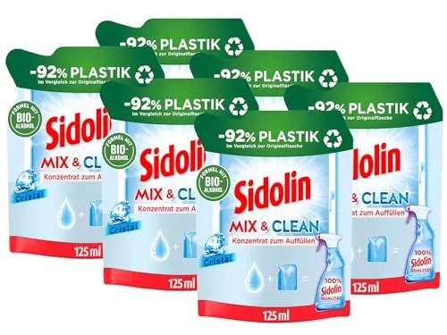 SIDOLIN Mix & Clean Konzentrat zum Auffüllen Cristal (6x 125 ml), All in 1 Glasreiniger für Sauberkeit, Glanz & Schutz, Fensterreiniger mit Bio-Alkohol, -92% Plastik im Vergleich zur Originalflasche