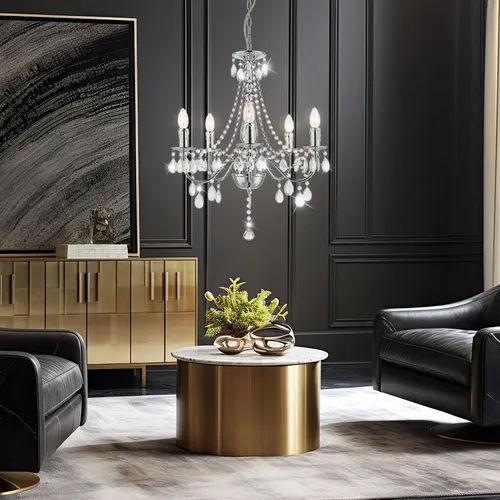 Eleganter Kronleuchter Hängelampe verchromt mit Kristallen, 5 flammig - Kronleuchter mit beeindruckendem Kristalldekor, ideal für Wohnzimmer und Esszimmer. Verchromtes Metall und Acryl sorgen für stilvolle Akzente und optimale Beleuchtung.