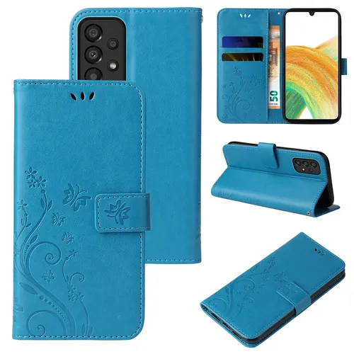 Handy Tasche für Samsung Galaxy A33 5G Handyhülle Blumen Buch Klapp Cover Blau