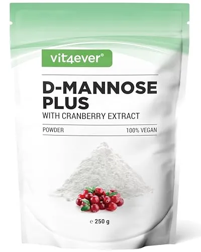 D-Mannose + Cranberry Pulver, 250 g - Nahrungsergänzungsmittel mit 2000 mg D-Mannose und 500 mg Cranberry-Extrakt für eine natürliche Stärkung des Wohlbefindens – 100% vegan und ohne künstliche Zusatzstoffe.