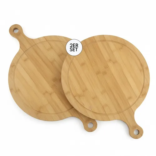 hausleben Pizzabrett 2er Set Ø 35x46x,2,0 cm aus Bambus mit Griff & Saftrille