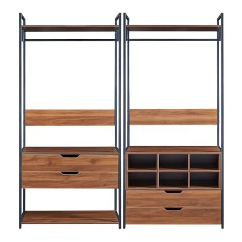 [en.casa] Garderobenständer 2er Set Larem - Drohnen-Design mit vielseitigen Aufbewahrungsmöglichkeiten, ideal für Flur oder Ankleidezimmer. Robuste Metallgestelle und moderne Walnussoptik sorgen für Stabilität und Stil.