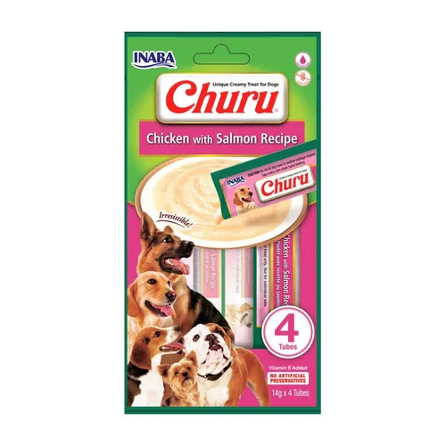 Inaba Dog Churu 4p Leckerli Paste für Hunde 4x14g mit Huhn und Lachs