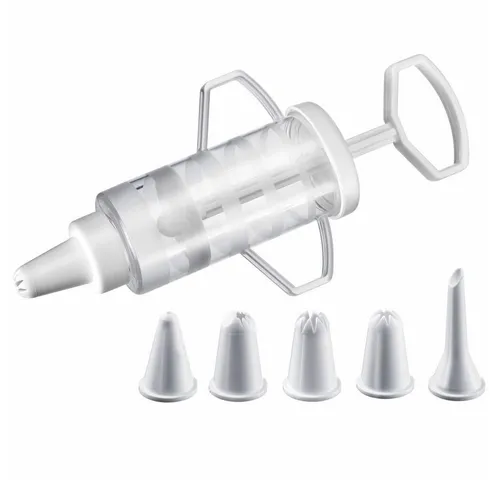 Westmark Garnierspritze mit 5 Tüllen, 100 ml - Spritztüllen für dekoratives Garnieren von Kuchen und Gebäck. Einfaches Befüllen durch große Öffnung, spülmaschinengeeignet und Made in Germany.