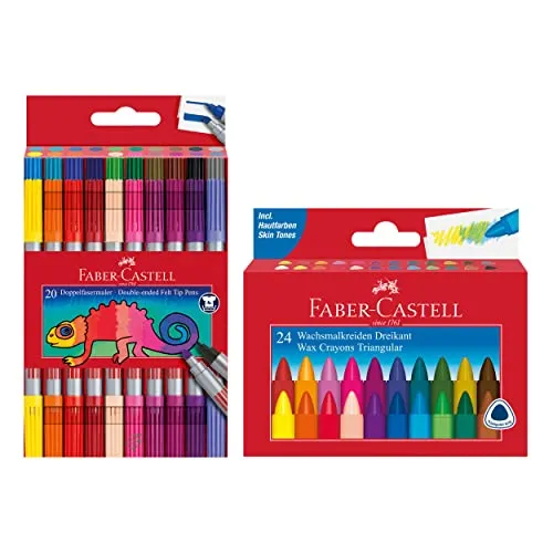 Faber-Castell 205030 - School Set mit 24er Etui Wachsmalstifte und 20er Etui Doppelfasermaler
