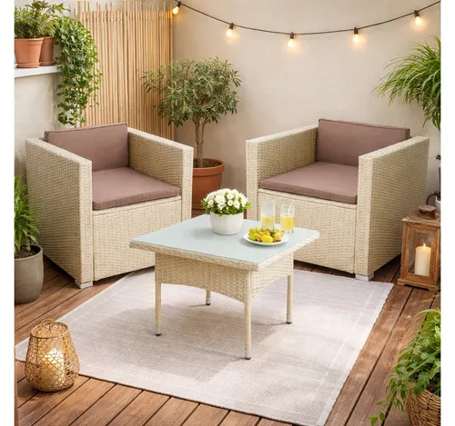 ESTEXO Polyrattan Lounge Set – Elegantes Gartenset - Genießen Sie entspannte Stunden im Freien mit der ESTEXO Polyrattan Lounge Set. Dieses stilvolle Gartenset umfasst bequeme Loungesessel und einen passenden Tisch, ideal für gesellige Runden im Garten.