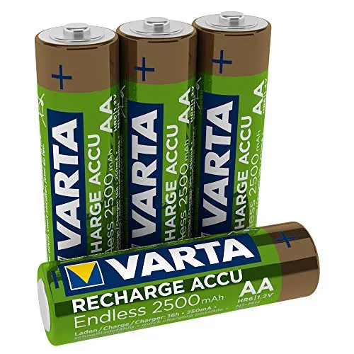 VARTA Batterien AA, wiederaufladbar, 4 Stück, Recharge Accu Endless, Akku, 2500 mAh Ni-MH, ohne Memory Effekt, vorgeladen, sofort einsatzbereit