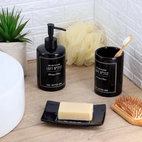 LikeKa Badaccessoire-Set 3-teilig Neo Retro - Elegantes Set mit Zahnputzbecher, Seifenspender und Seifenschale aus hochwertigem Dolomit. Stilvolles Design für Bad und Gäste-WC, langlebig und vielseitig einsetzbar.