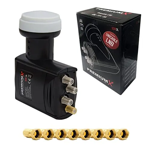 PremiumX SCR-3L Unicable LNB - Flexibles Einkabel System für 4 + 3 Teilnehmer - LNBs für bis zu 4 Unicable-Receiver und 3 Legacy-Receiver, wasserdicht mit exzellenten Rauschzahlwerten für HD-Übertragungen, inkl. 8 vergoldeten F-Steckern.