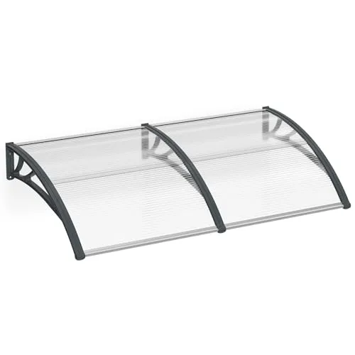 Aufun Vordach für Haustür 200 x 100 cm Haustürvordach Pultvordach aus 5 mm Dicke Transparentes Polycarbonat, PP Halterung, Türdach für draußen Pultbogenvordach Überdachung, Graue Klammer
