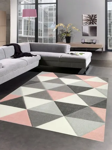 Carpetia Teppich Teppich Wohnzimmerteppich Dreieck rosa grau creme, rechteckig, Höhe: 13 mm