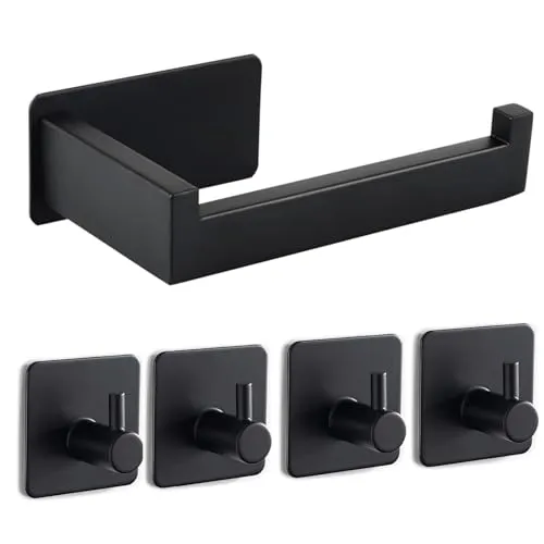 Toilettenpapierhalter Ohne Bohren, Selbstklebend Klopapierhalter WC Papierhalter Edelstahl Toilettenpapierrollenhalter mit 4 Stück Handtuchhaken für Küche und Badzimmer, Schwarz