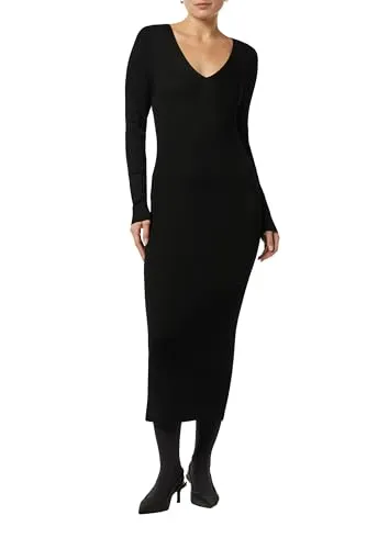 comma Maxikleid Geripptes Slim-Fit-Kleid mit V-Ausschnitt in schwarz von comma,