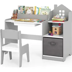 COSTWAY Kinderschreibtisch mit Stuhl und Stauraum - Praktischer Kinderschreibtisch mit Stuhl, ideal für das Lernen. Ausgestattet mit einer Schublade und zwei offenen Fächern für optimalen Stauraum. Einfach aufzubauen und stabil bis 20 kg.