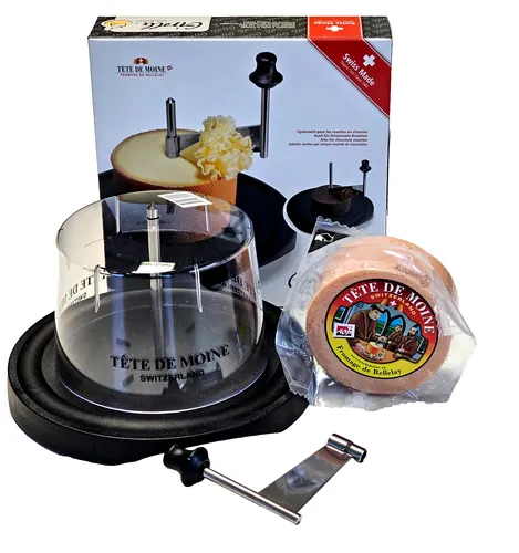Girolle Tradition Schweizer Käsehobel Haube halber Laib Tete de Moine Käse Set